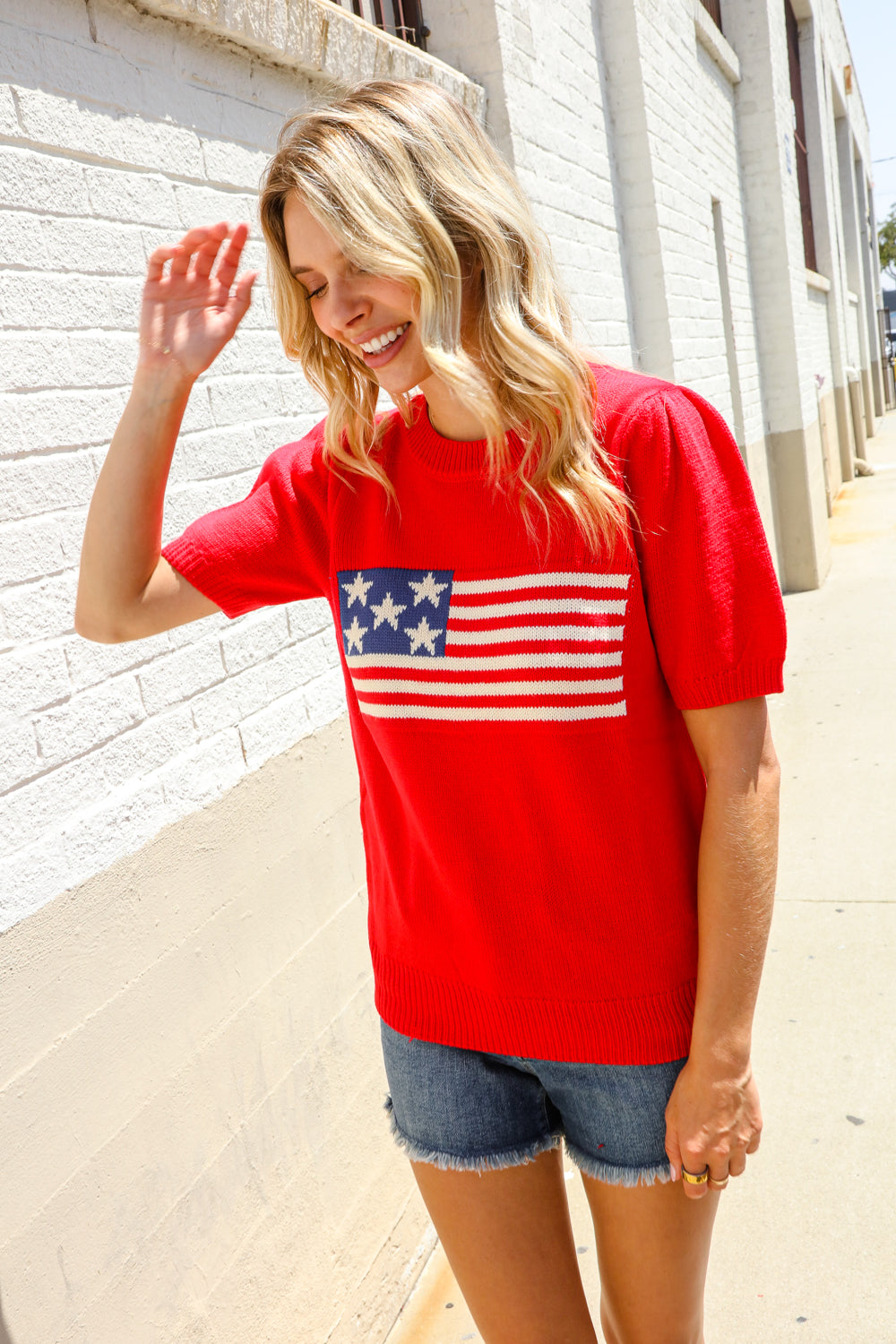 American Flag Bubble Short Sleeve Jacquard Sweater Knit Pullover